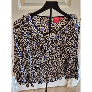 Oscar de la Renta Polka Dot Blouse Womens 12 Purple Black Ruffle Bell Sleeve Top